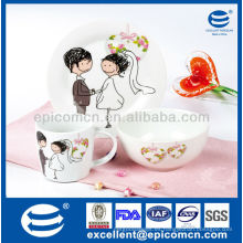 Encantador 3 piezas de regalo de desayuno de porcelana para nuevas parejas de la boda